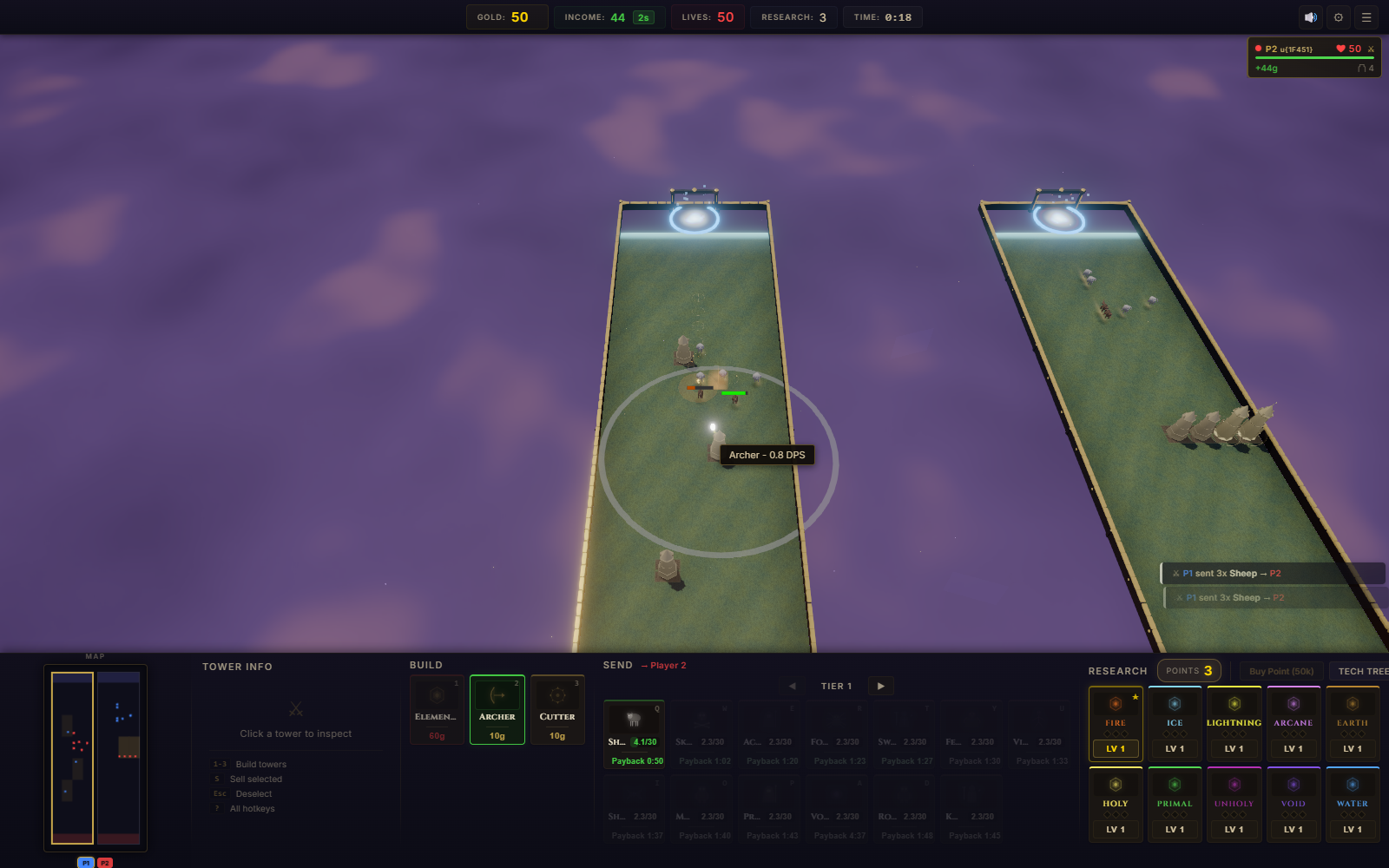 Line Tower Wars gameplay showing an active creep wave across dueling tower defense lanes.