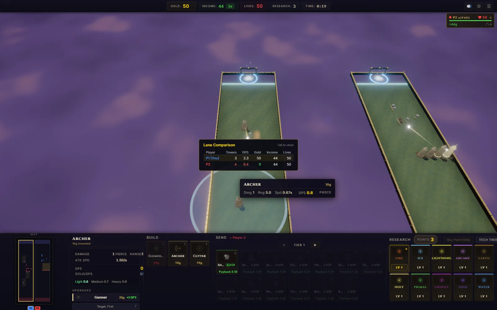 Line Tower Wars lean HUD view with towers, portals, research panel, and player stats.