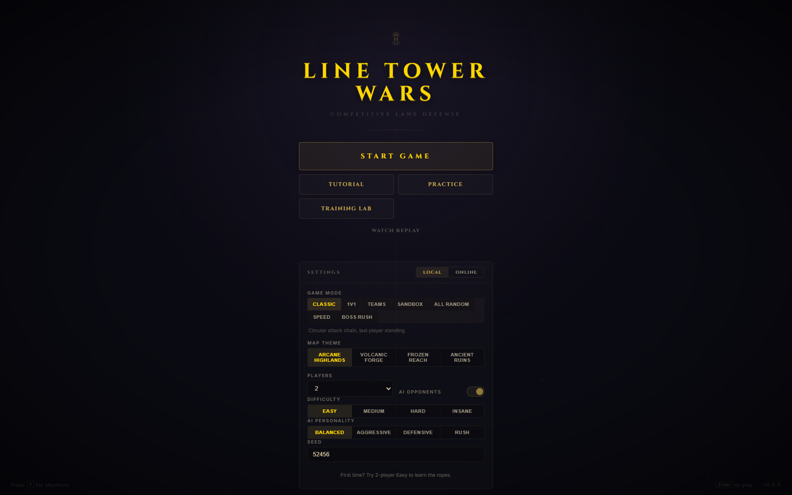 Line Tower Wars alpha main menu with single-player controls.