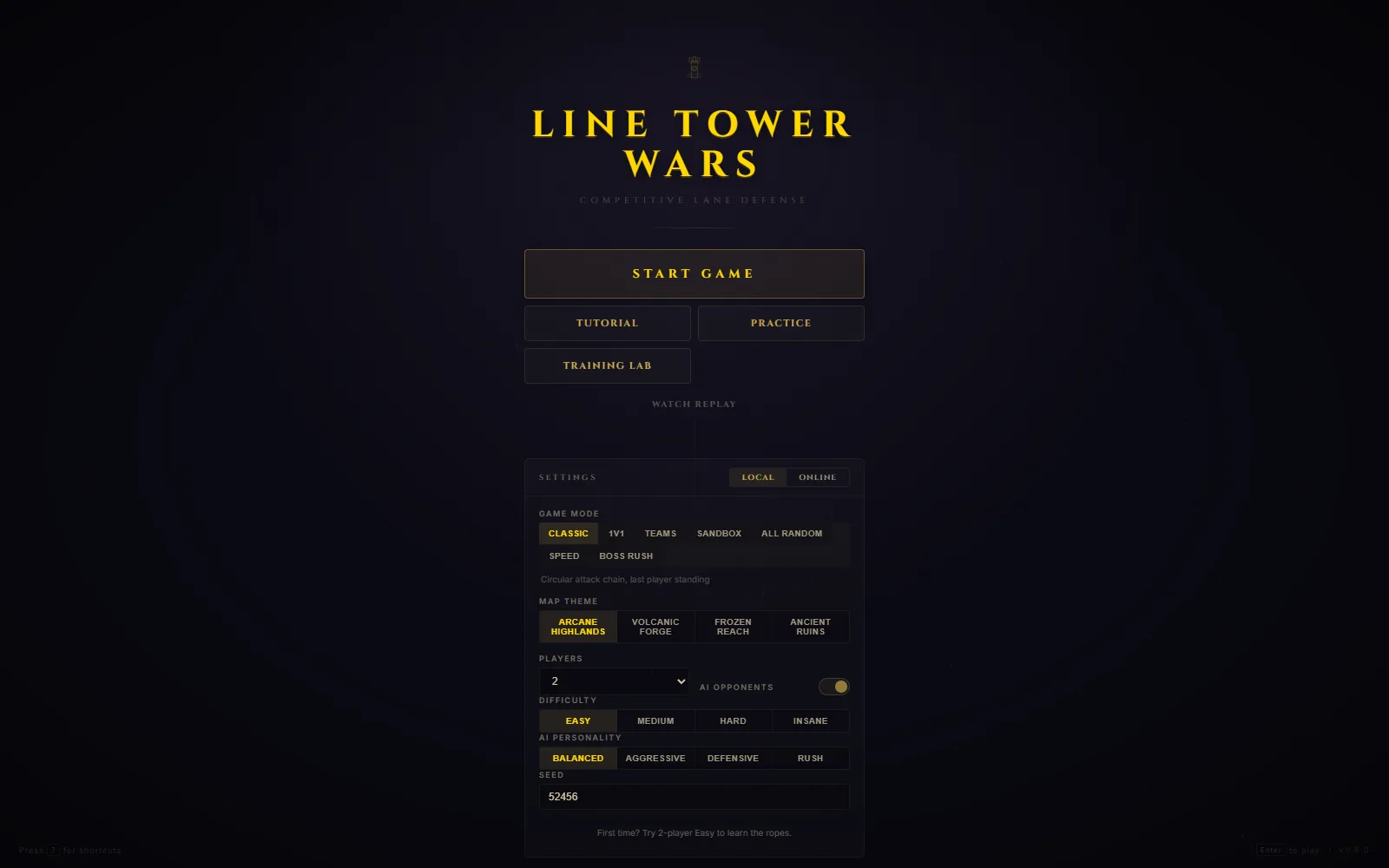 Line Tower Wars alpha main menu with single-player controls.