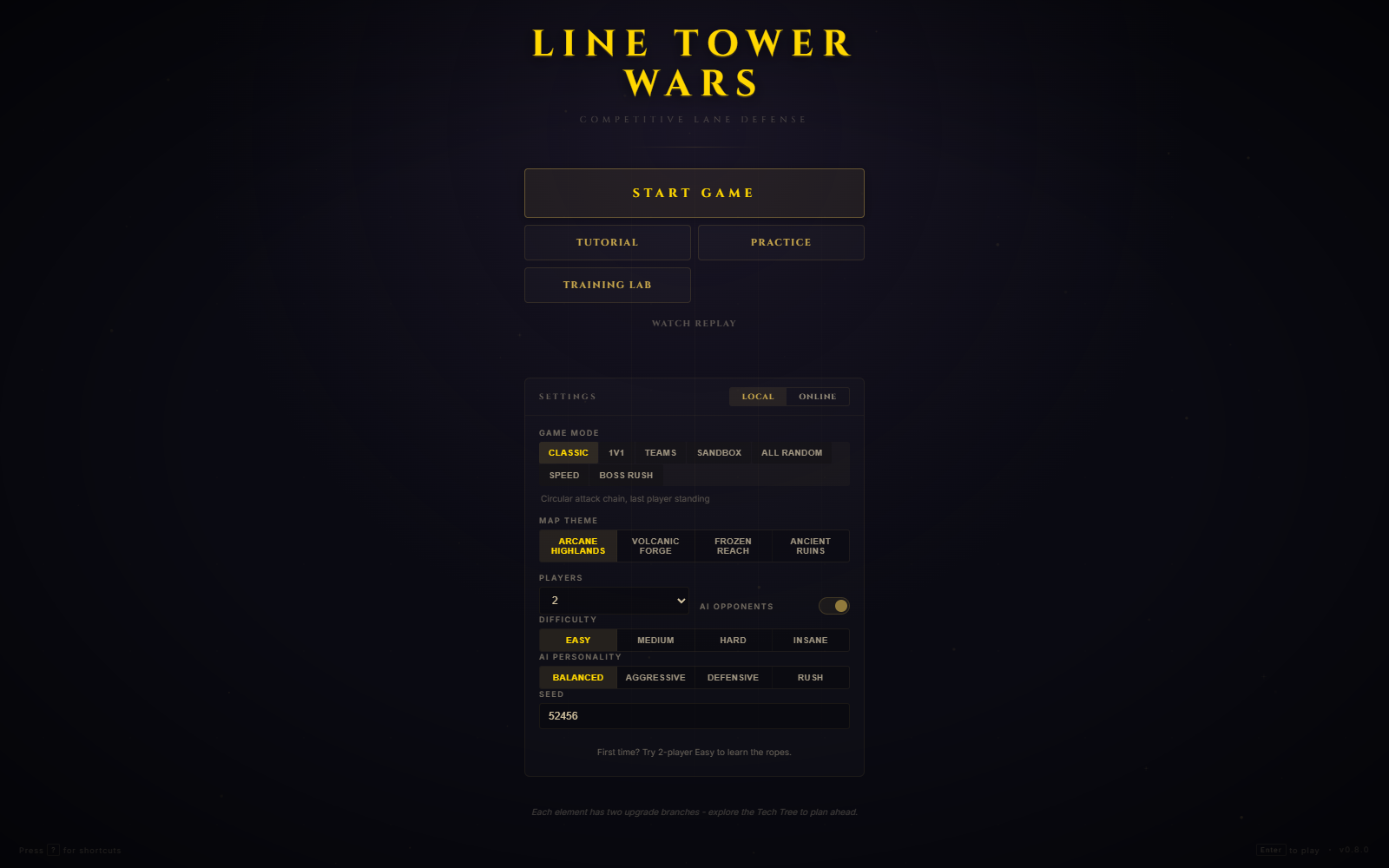 Line Tower Wars match setup screen with lane layout, map, and AI opponent options.