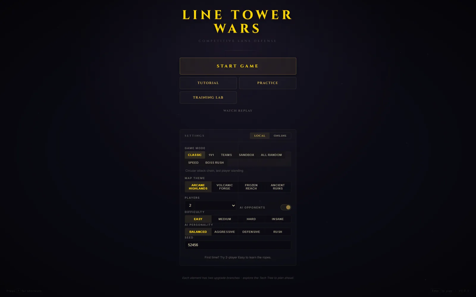 Line Tower Wars match setup screen with lane layout, map, and AI opponent options.