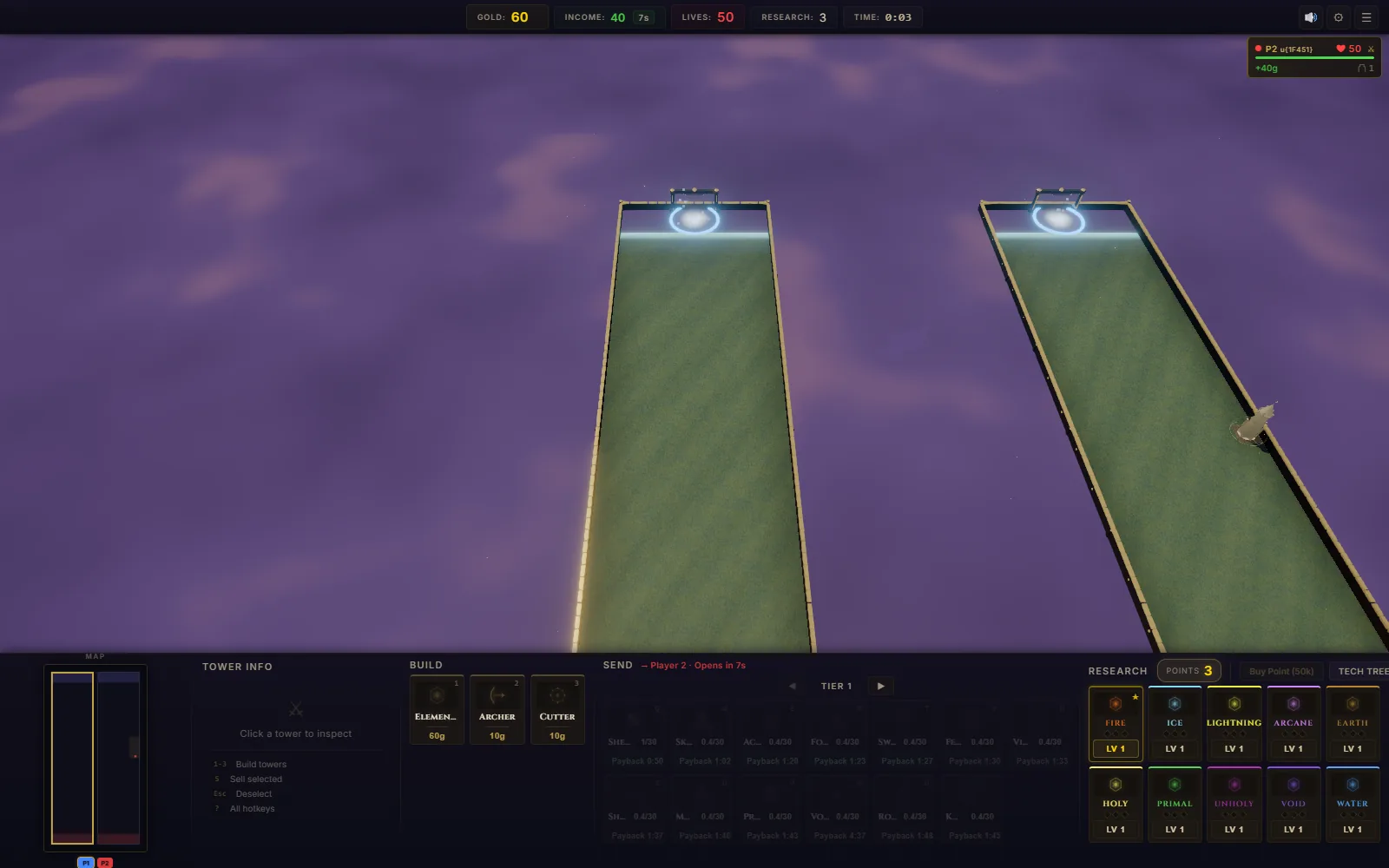 Line Tower Wars opening battlefield with two lanes, build panel, send panel, and research controls.