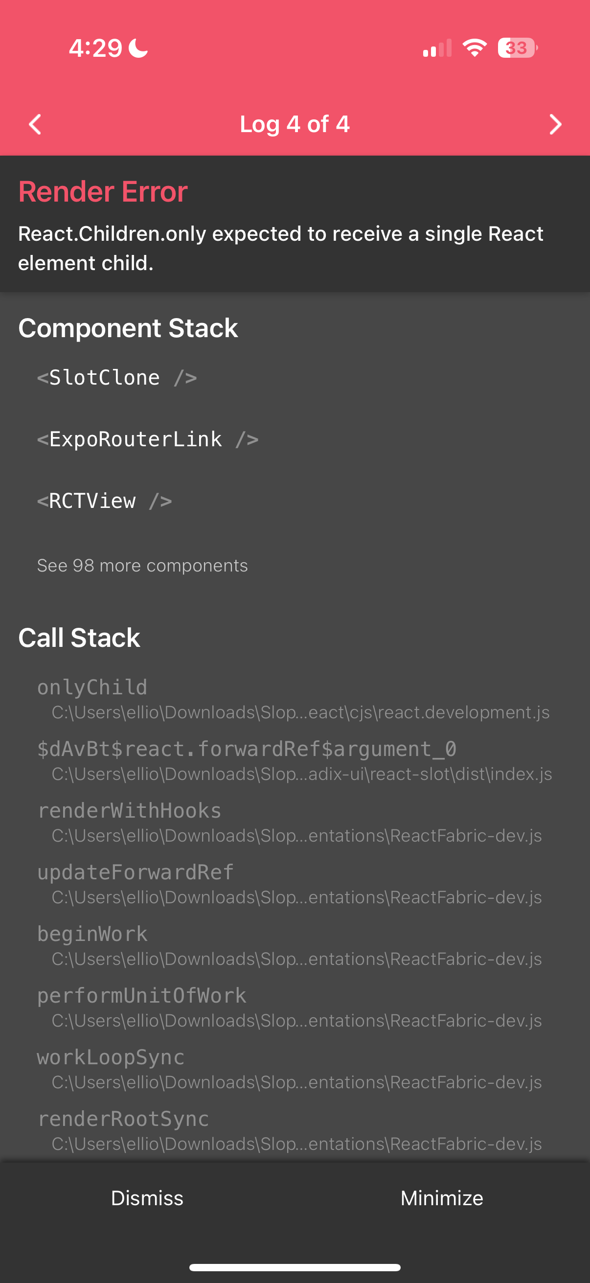 Expo Go crash screen on a test device