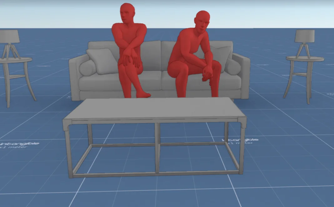 A 3D previs render of two red mannequin figures sitting on a grey sofa behind a coffee table, on a blue grid floor.