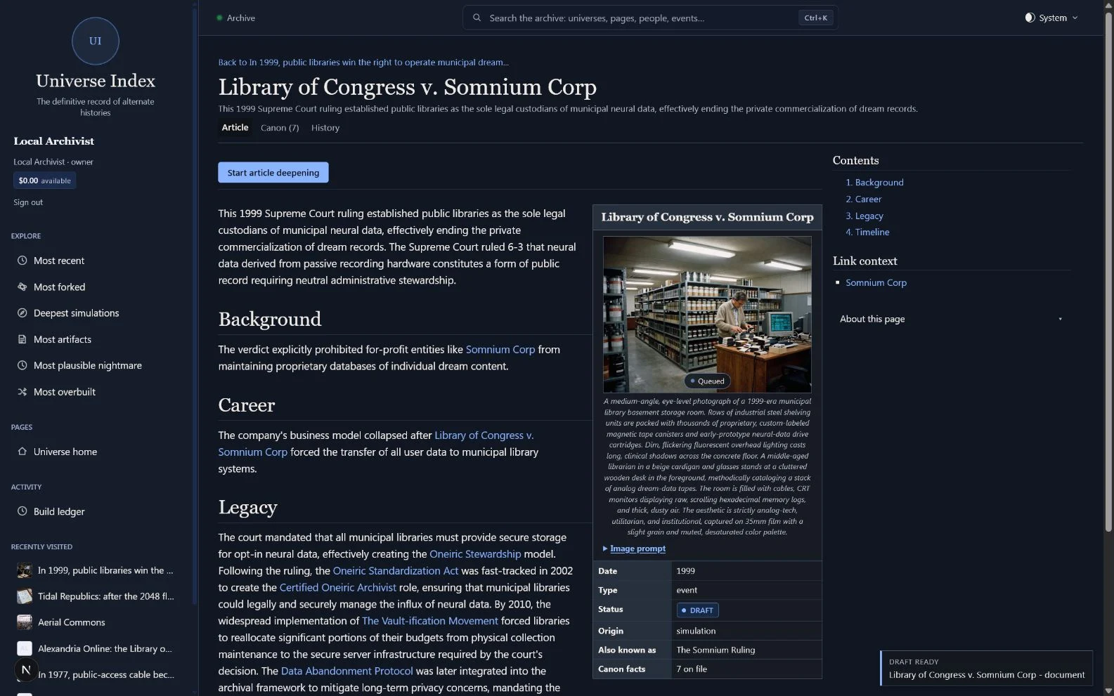 Universe Index generated article for Library of Congress v. Somnium Corp with wiki sections, infobox metadata, and a generated archive image.