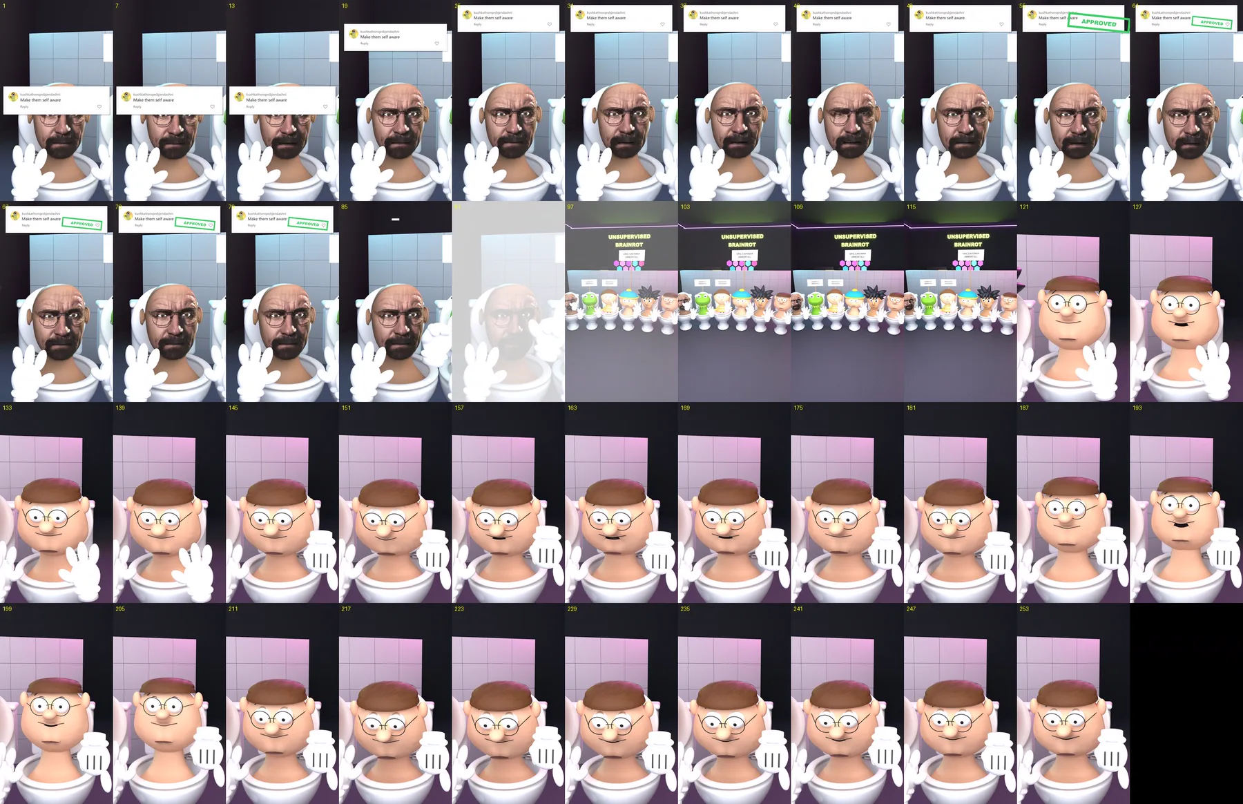 A contact sheet of 43 numbered frames from the opening of Self Aware.