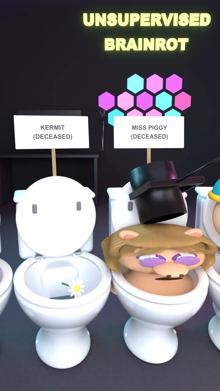 Two empty toilets under signs reading Kermit (deceased) and Miss Piggy (deceased).