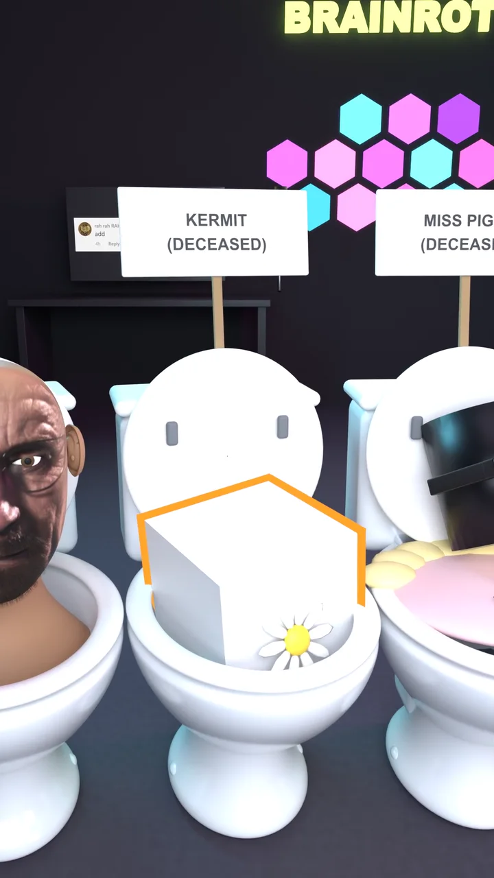 A grey default Blender cube with an orange outline sitting in Kermit's toilet.