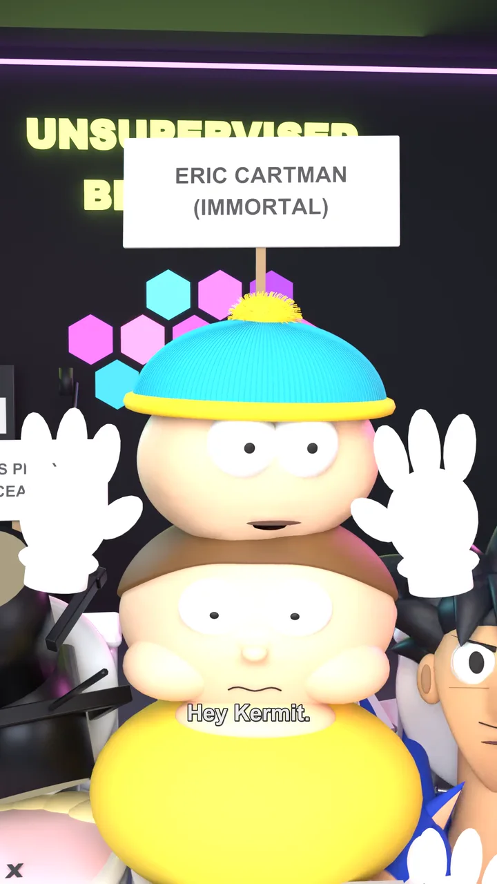 Cartman's head stacked on Morty's head in one toilet, with white cartoon gloves, under a sign reading Eric Cartman (immortal).