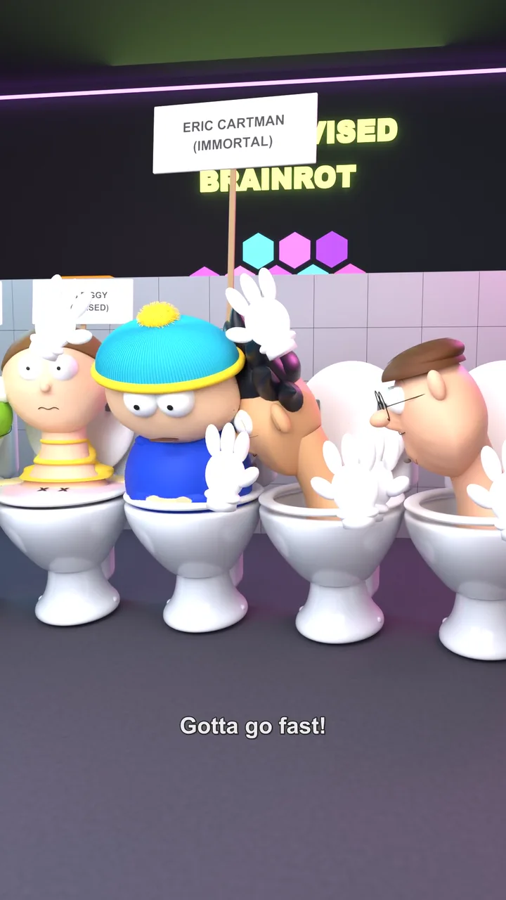 The tidied room: Morty in Miss Piggy's toilet and Sonic leaving as blue streaks.