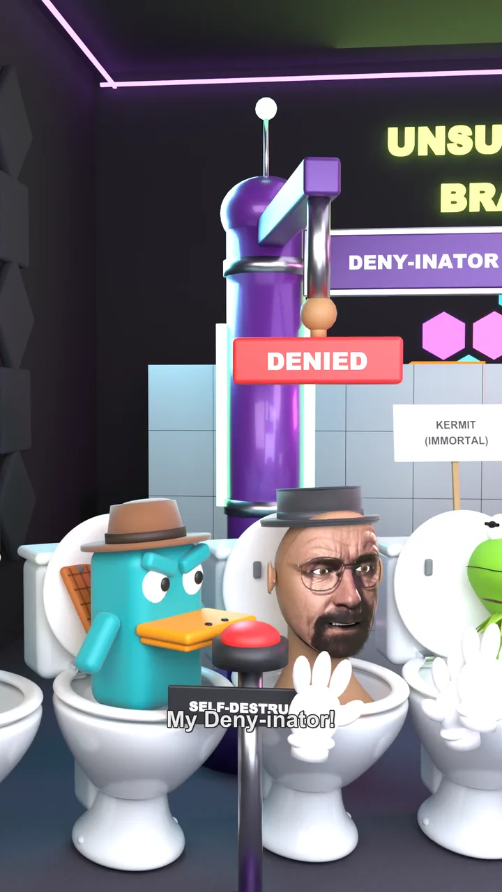 Perry the Platypus in a fedora beside Walter White in a pork-pie hat, in front of a purple machine labelled Deny-inator.