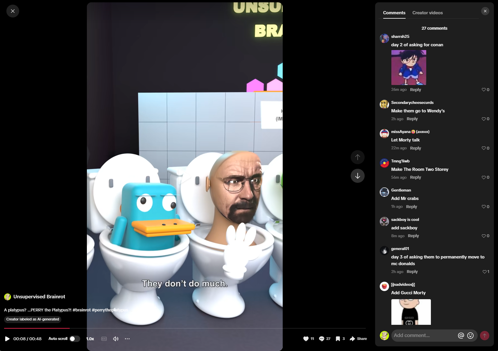 Unsupervised Brainrot on TikTok: Perry the Platypus and Walter White in toilets beside viewer comments requesting new characters, locations, and changes to the room.