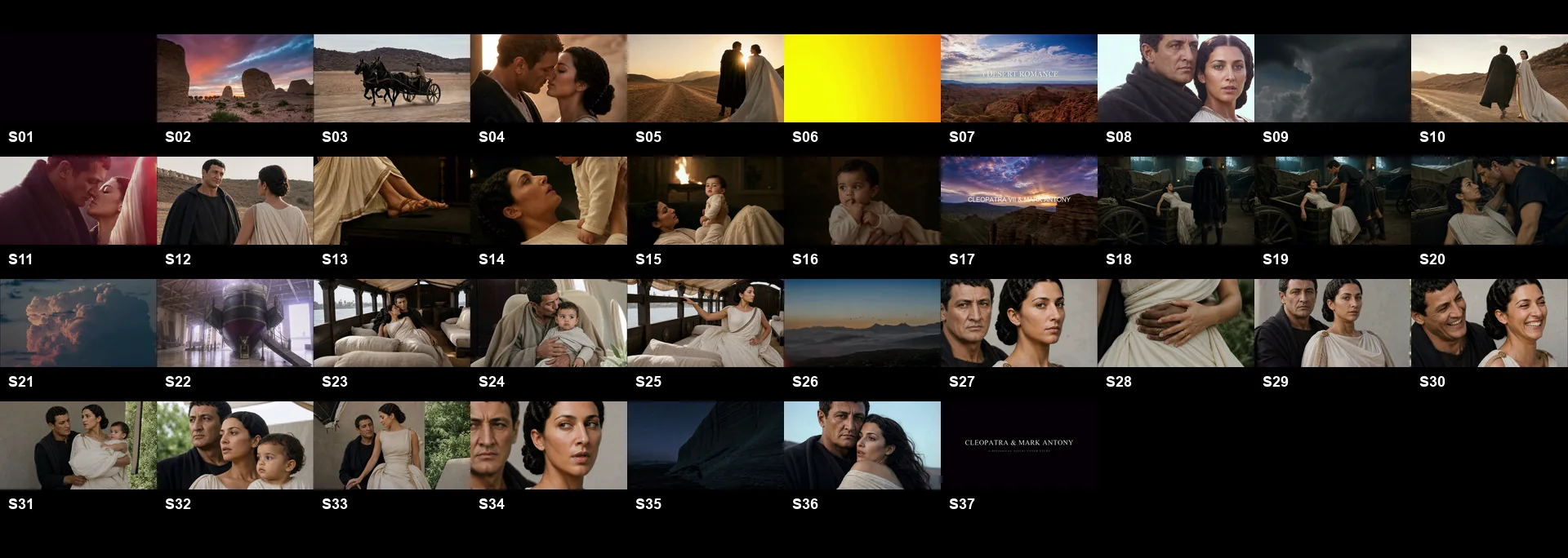 A labeled midpoint contact sheet showing all 37 shots in the final Cleopatra and Mark Antony historical film.