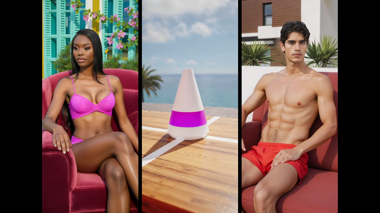 Three finished frames from the prototype, side by side. A contestant on a red velvet couch, Lana's cone on the villa deck, and a second contestant on the couch.